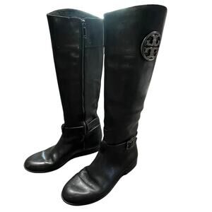 Tory Burch Black Leather Knee High Riding Boots Size 9.5 Large Gunmetal Logo